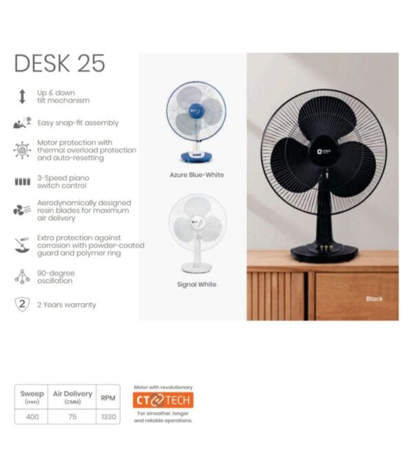 Orient Electric Desk-25 400mm Table Fan (Crystal White) - Image 2