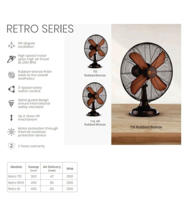 Orient Electric Retro T12 300mm High-Speed Table Fan (Rubbed Bronze) - Image 2