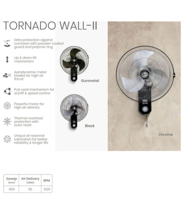 Orient Electric Tornado Wall-II 450mm Wall Fan (Black Metal) - Image 3