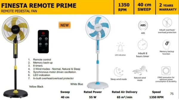 V-GUARD FINESTA REMOTE PRIME 40Cm Pedestal Fan (5 blade) with BLDC (Blue, Pack of 1) - Image 3