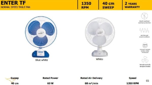 V-Guard Enter TF 40 cm 3 Blade Table Fan  (White, Blue) - Image 2
