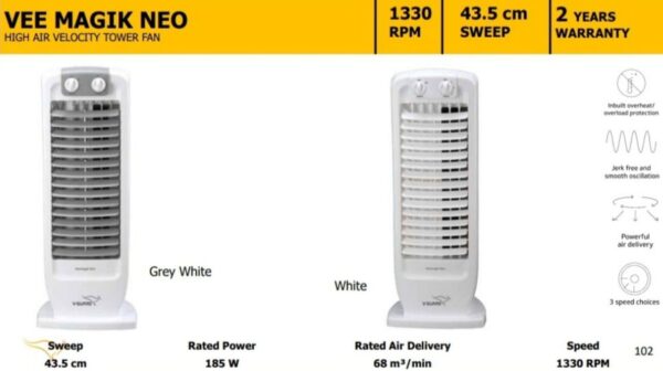 V-Guard Veemagik Neo (43.5cm) Tower Fan | 1300 RPM, 2401 CFM Air Flow | Grey White - Image 2