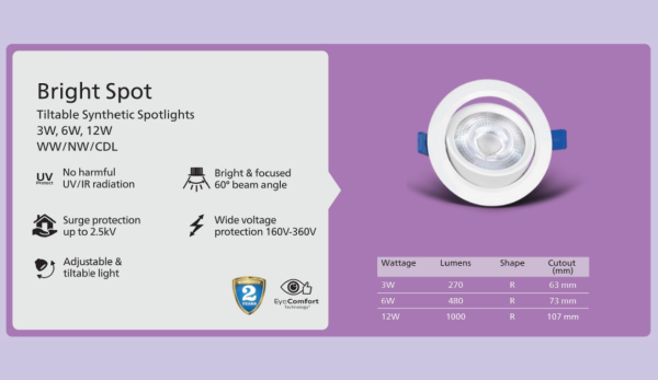 Philips BrightSpot 6 Watt White LED Ceiling COB Round Spot Light - Image 2